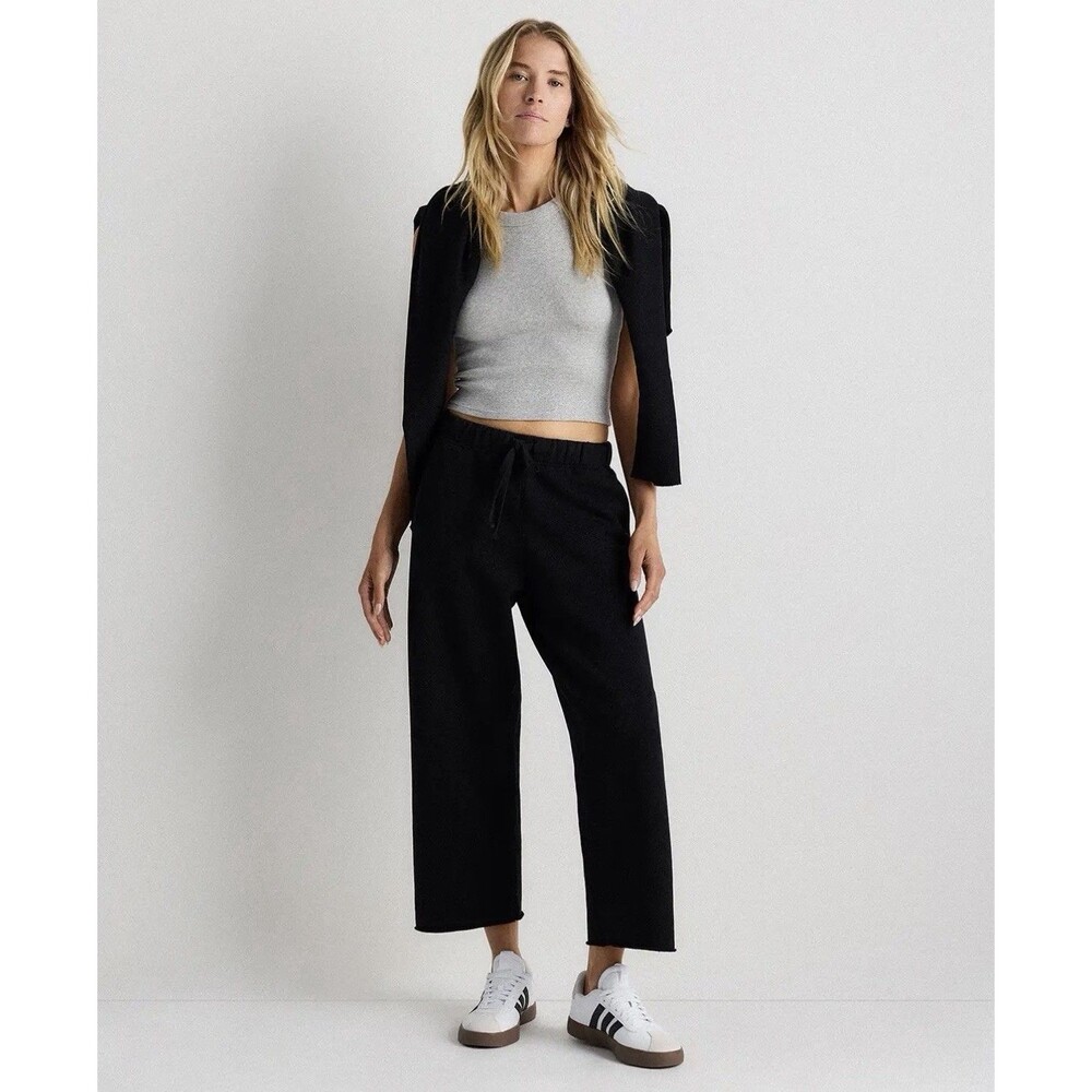 Quince Women Organic French Terry Cropped Wide Leg Pants Bold Black M
